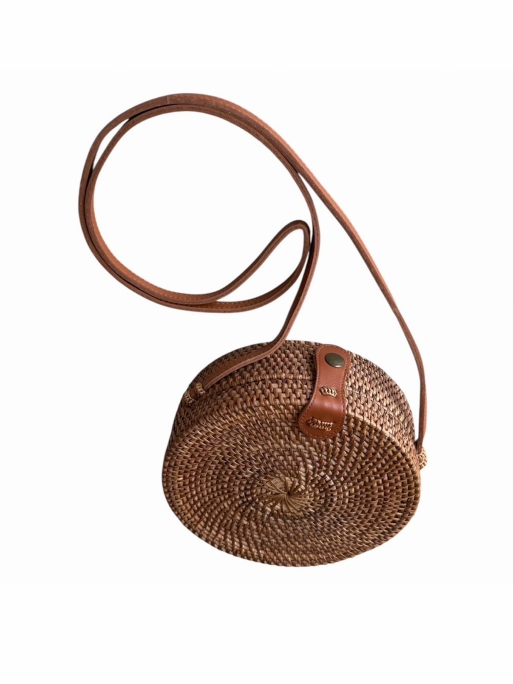 Round Basket Bag with Leather Crossbody Strap, 8”